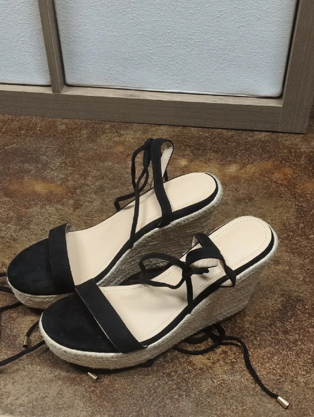 Black Lace-Up Espadrille Wedge Sandals for Women